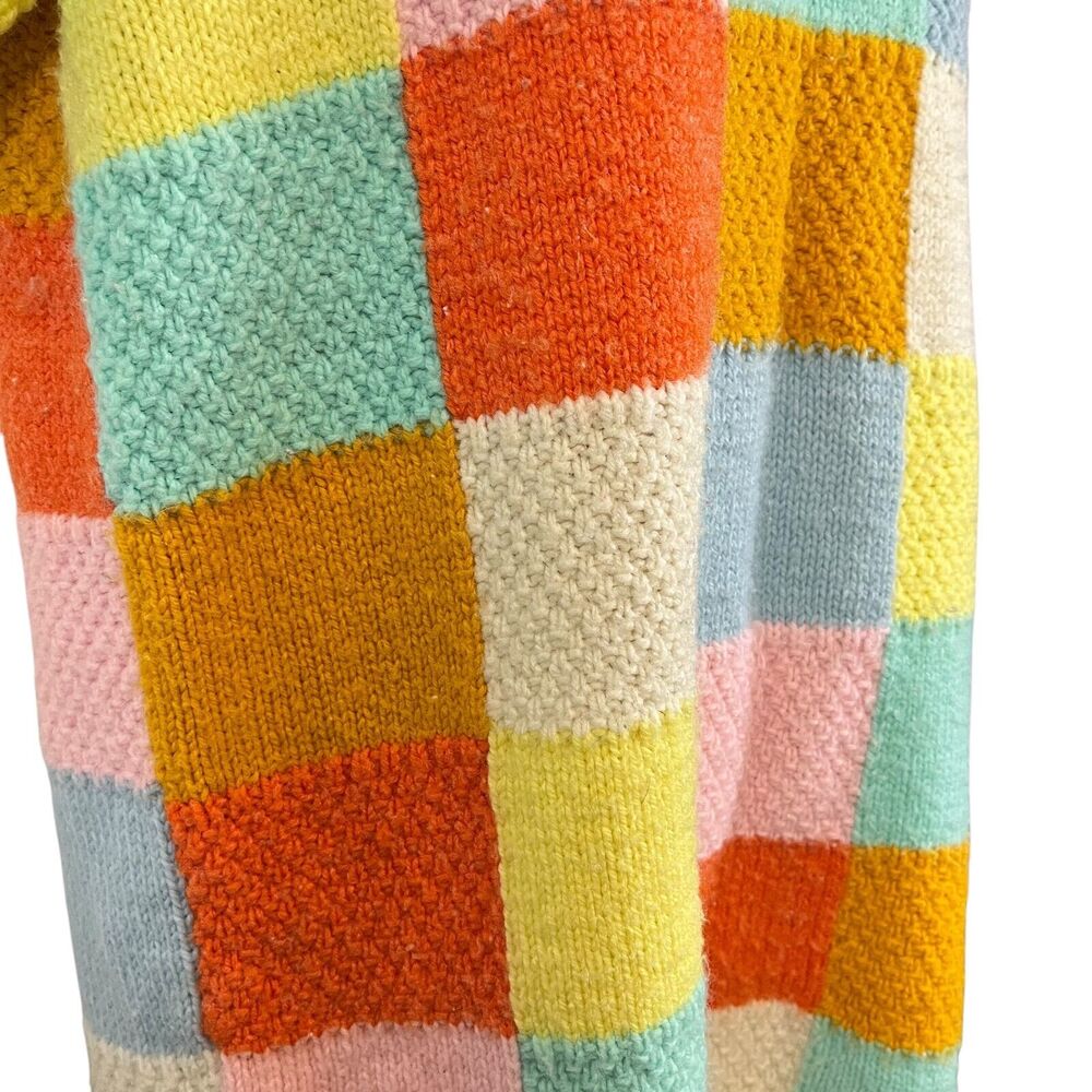 Vintage Peterpan Collar Brady Bunch Groovy Checkered Sweater 70s Patchwork M - Picture 3 of 14